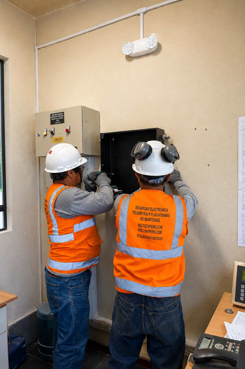Equipo técnico de NEUTECH revisando un panel de alarma contra incendios